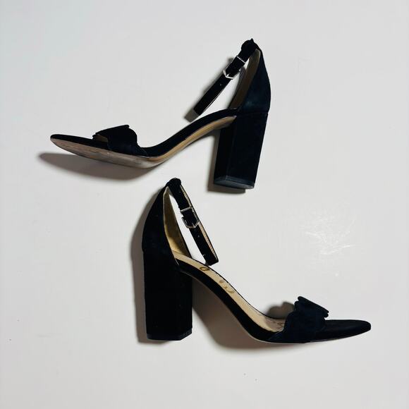 Sam Edelman Suede Scalloped Block Heel Sandals – Black Ankle Strap Heels - Picture 4 of 9